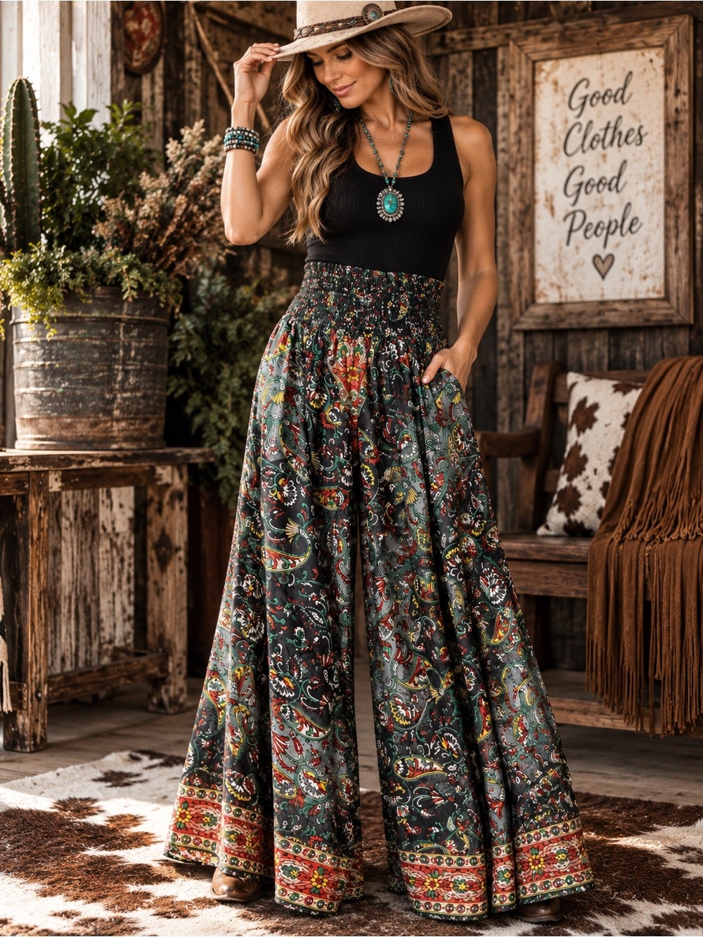 VADDA S.A.C. Silk Blend Paisley Wide Leg Palazzo Pants Boho NWT One Size